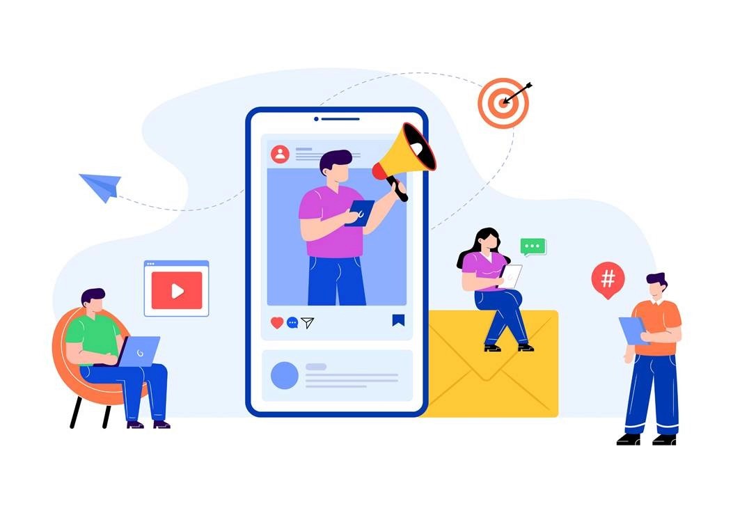 Flat illustration of an influencer on a phone screen with megaphone, surrounded by marketers and campaign icons representing creator outreach