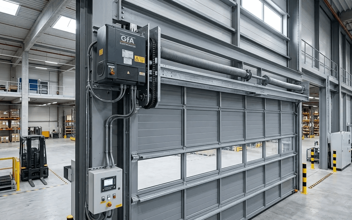Industrial sectional door motor operating a sectional overhead door system
