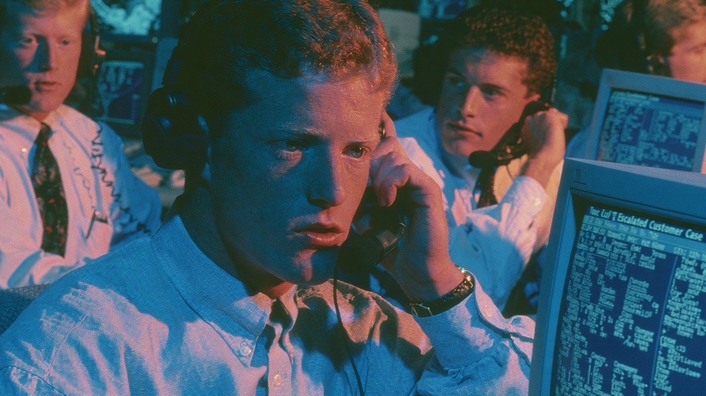 A human collections agent takes over a difficult conversation from an AI-assisted voice system, putting on a headset as the escalated customer case opens on screen