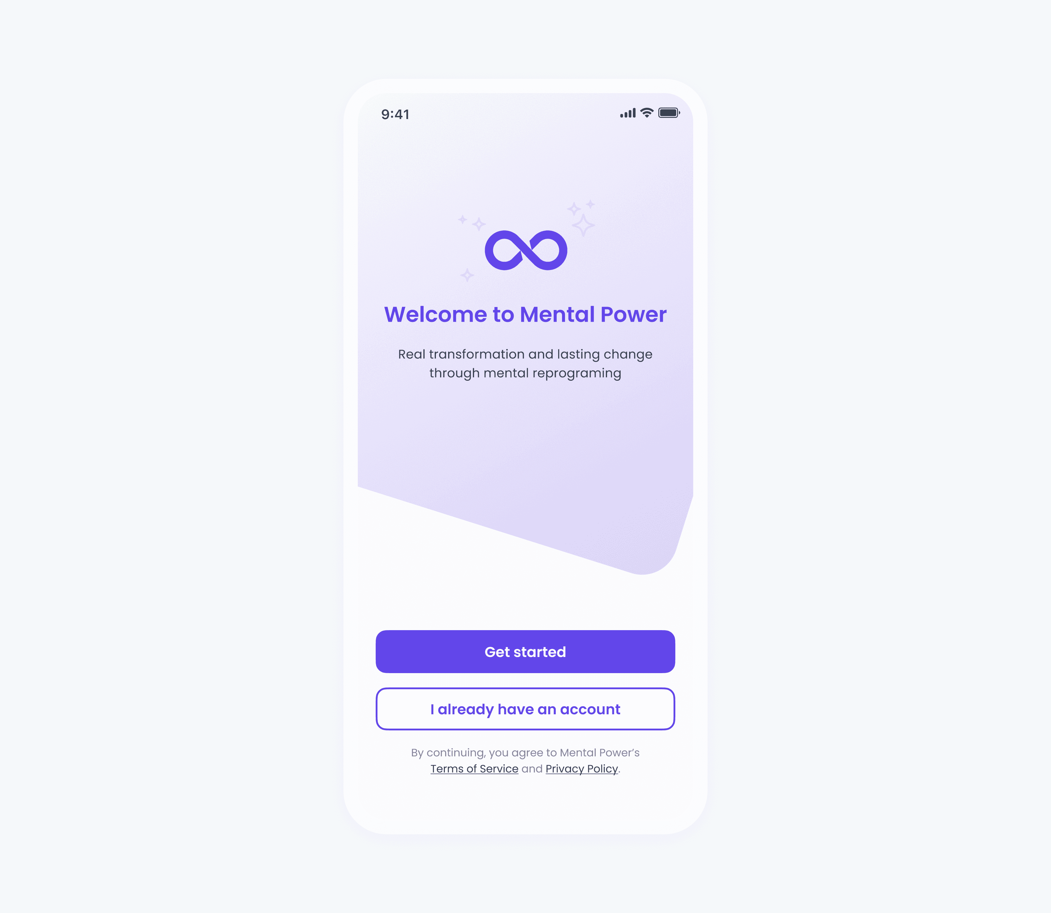 Redesigned Mental Power onboarding welcome screen with a short, benefit-driven message, calming visual background, and clear primary actions: “Get started” for new users and “I already have an account” for returning users, creating a clearer and more supportive first impression.