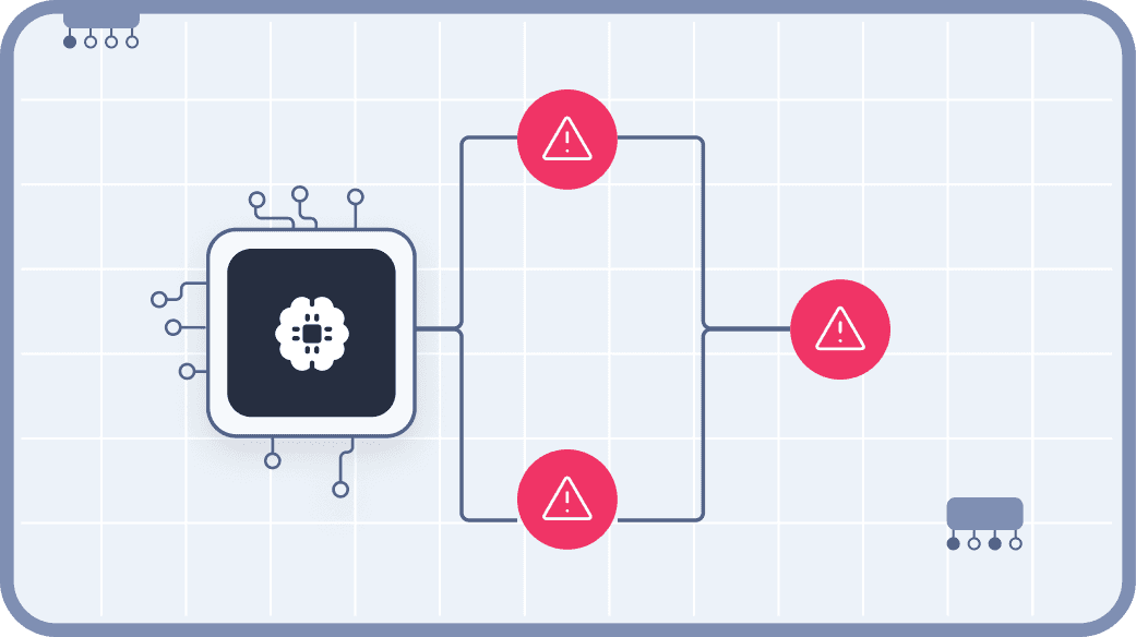 A graphic depicts a left side microchip representing AI, surrounded by a network of subtle connecting nodes, with a large red exclamation mark icons in them, symbolizing caution or a warning related to artificial intelligence technology.