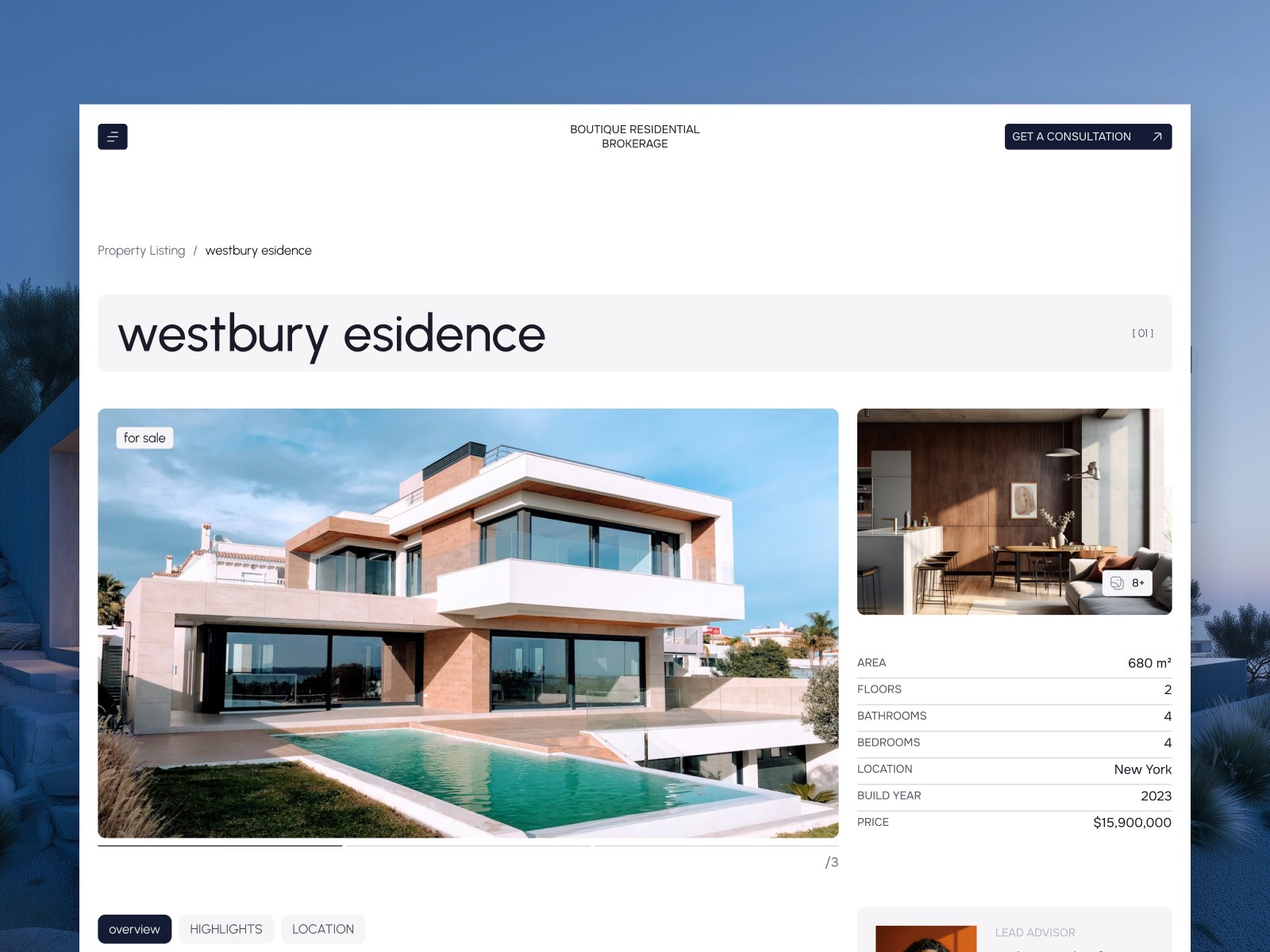 Marby demo property page with a photo gallery and area, room, location, and price fields.