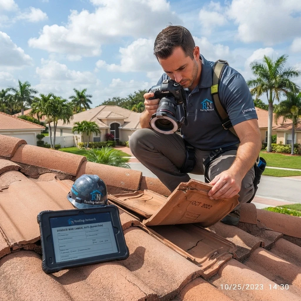 Dated photographs of wind-damaged roof tiles being compiled for a Florida insurance claim