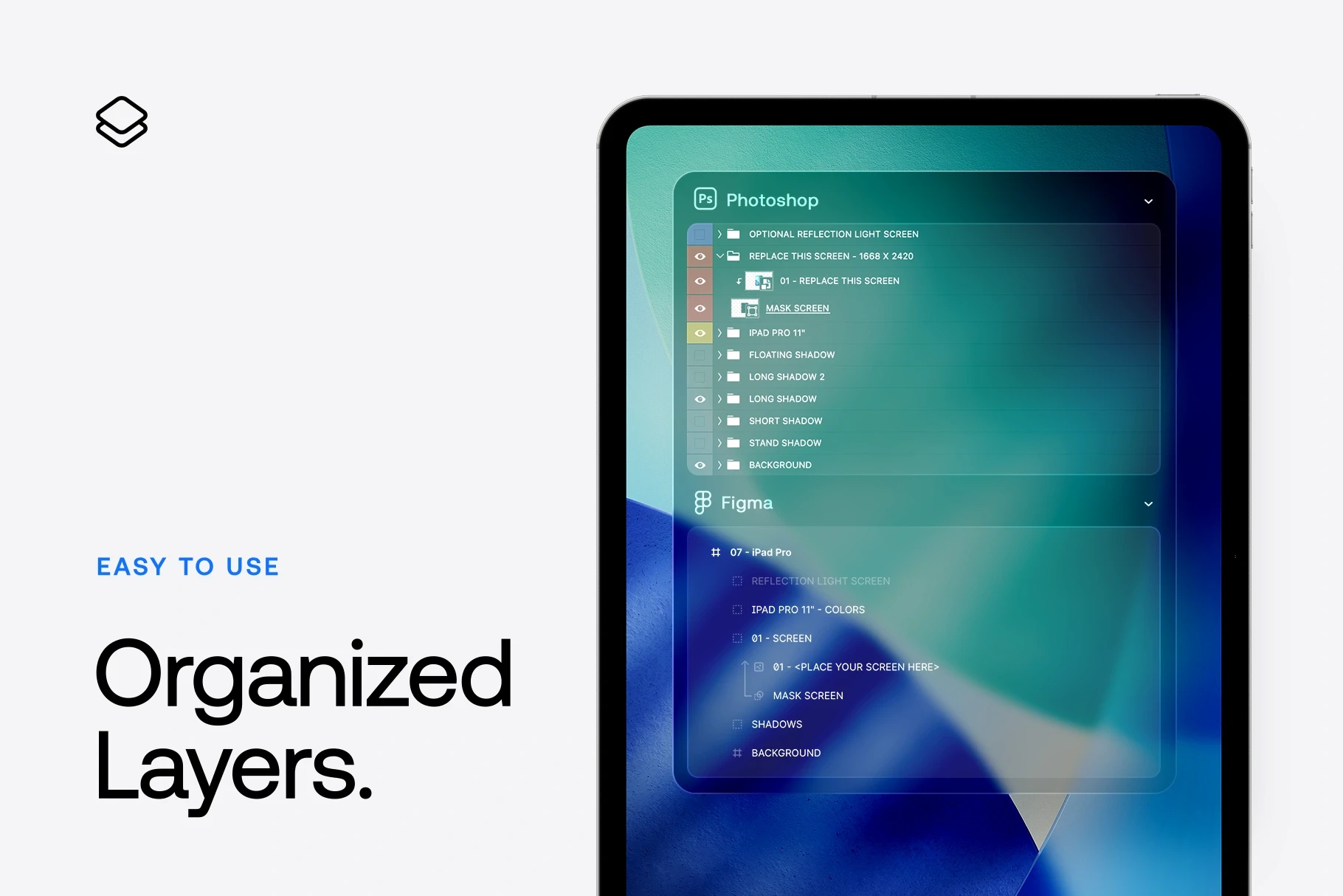 iPad Pro mockup showing organized Photoshop and Figma layers for easy editing.