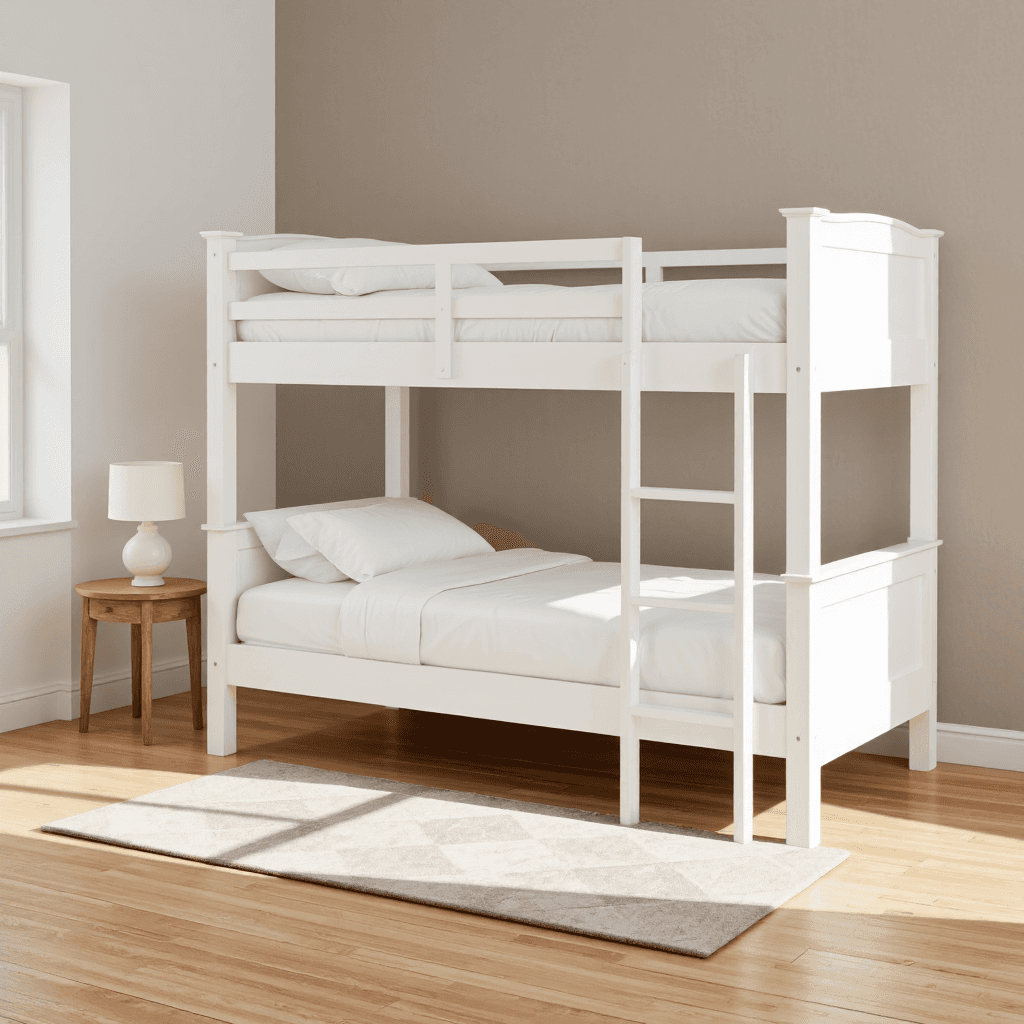product photography of bunk bed with a ladder and mattresses