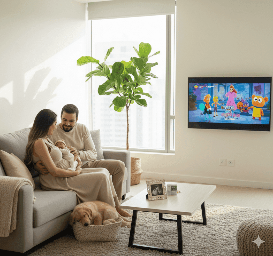 Pregnant couple relaxing on sofa, watching TV and petting their dog in a modern living room.