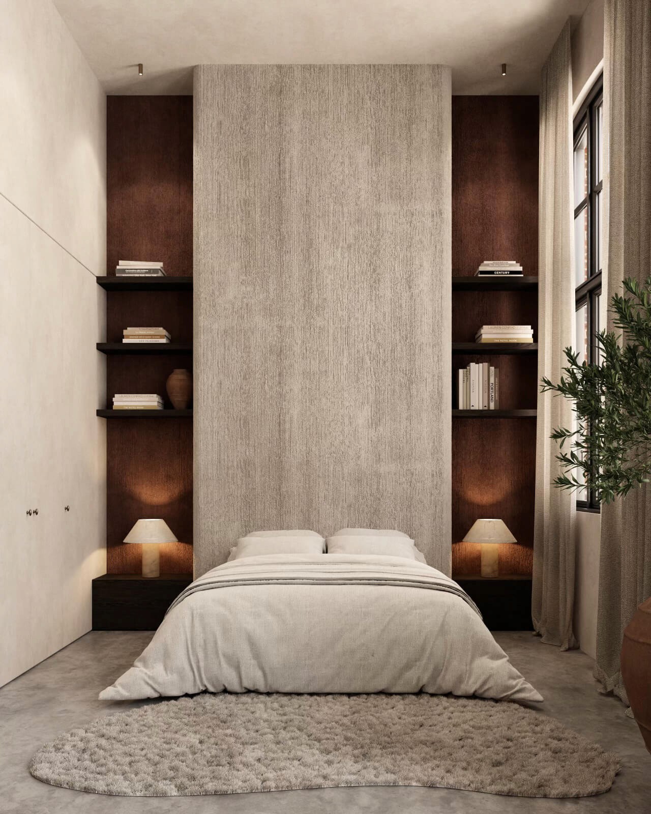 A warm, inviting bedroom with a beige bedspread, built-in wooden shelves, and soft lighting creating a perfect retreat