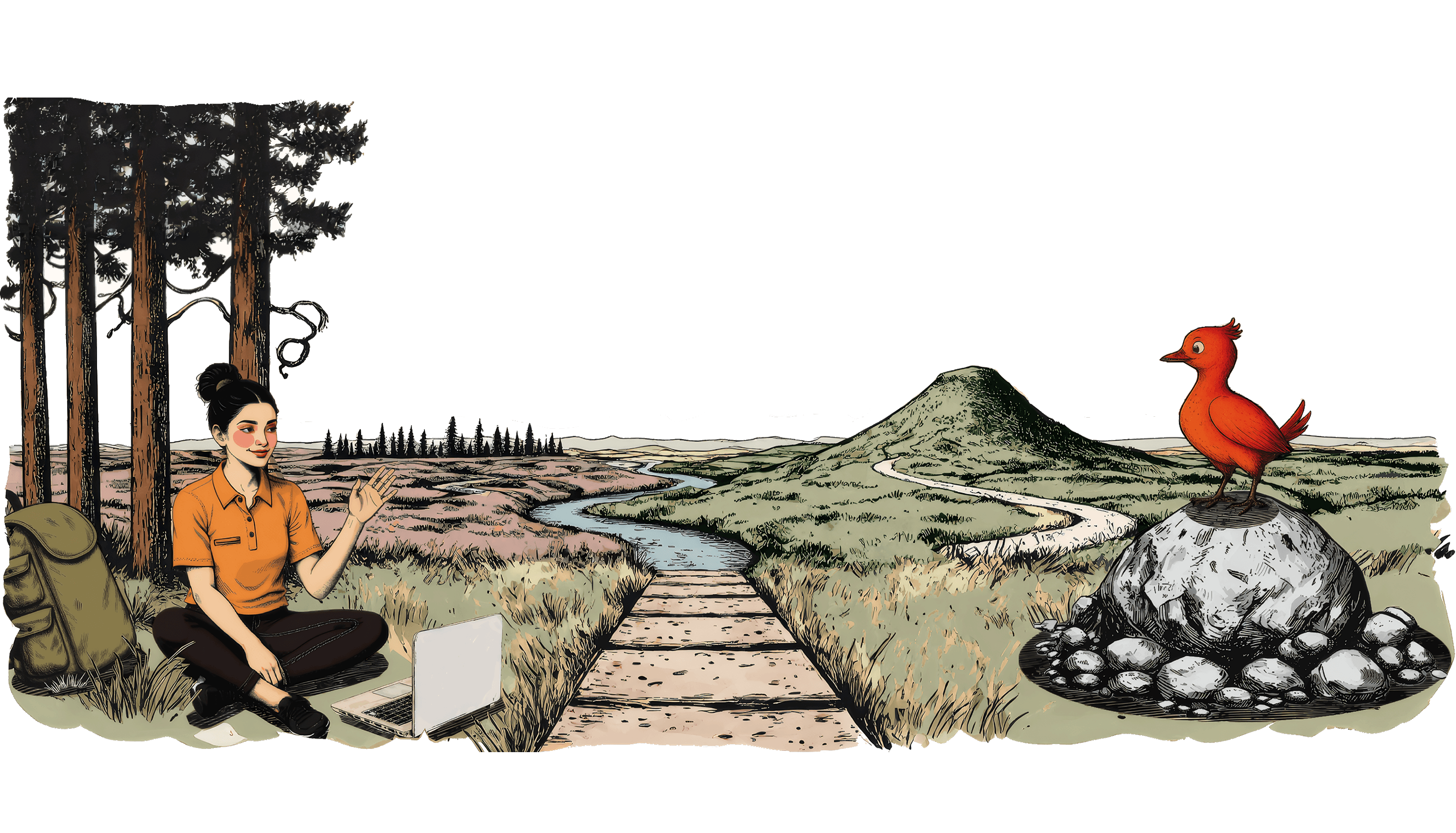 Law firm web design concept art of woman learning SEO and following a bird on a business growth path.