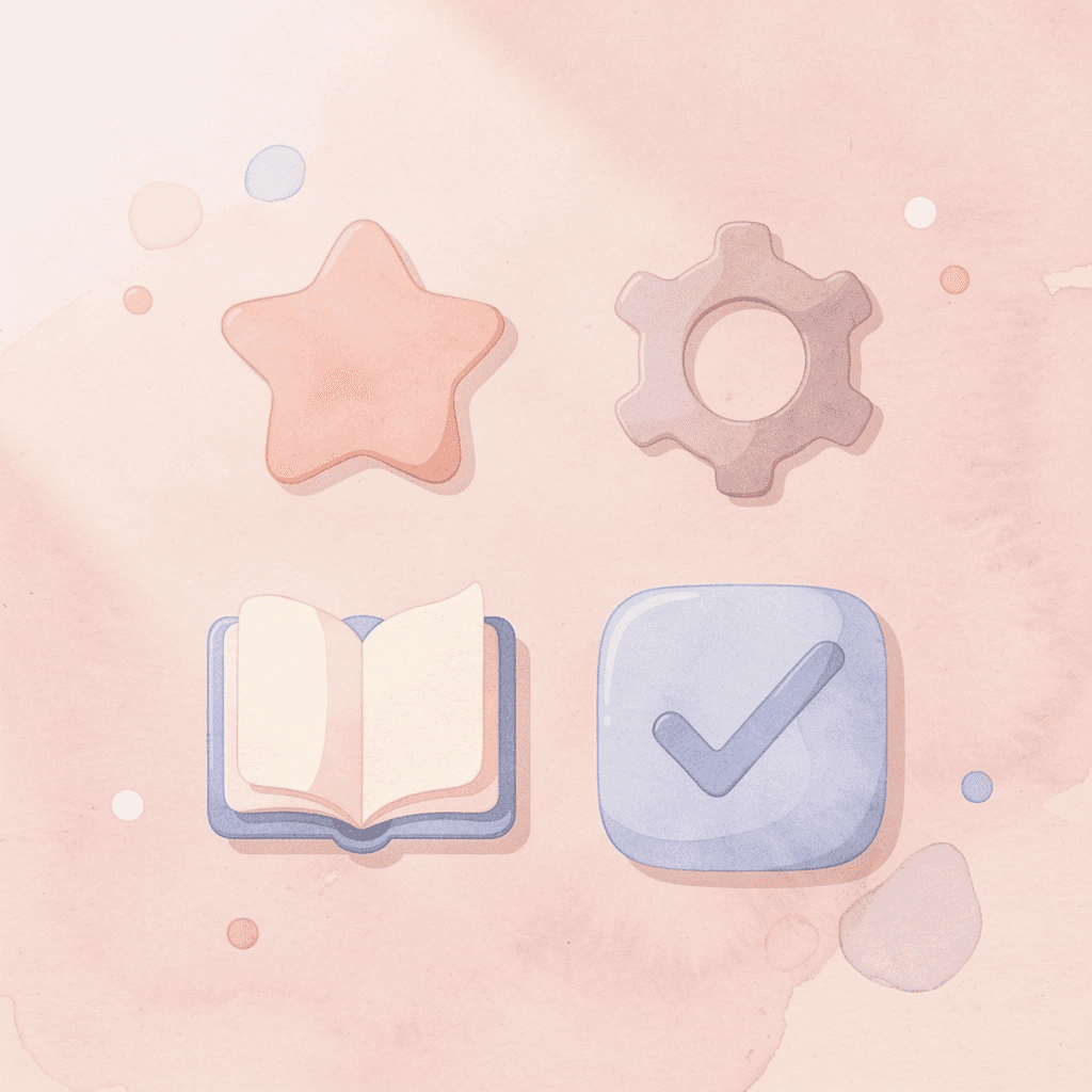 Four icons representing key evaluation criteria: research methodology, content depth, intuitive design, and personalization