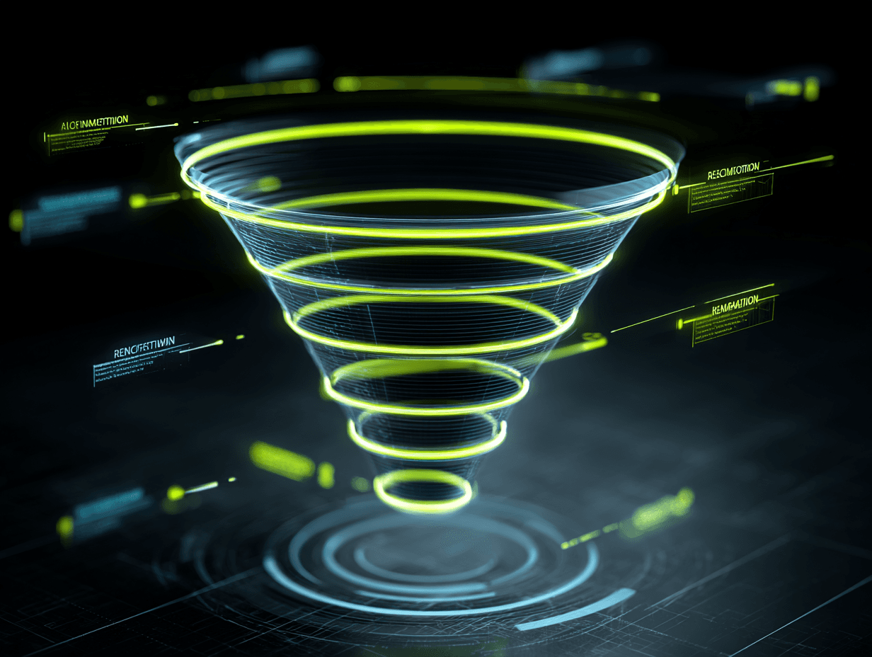 A dark futuristic digital screen showing a five-stage funnel glowing