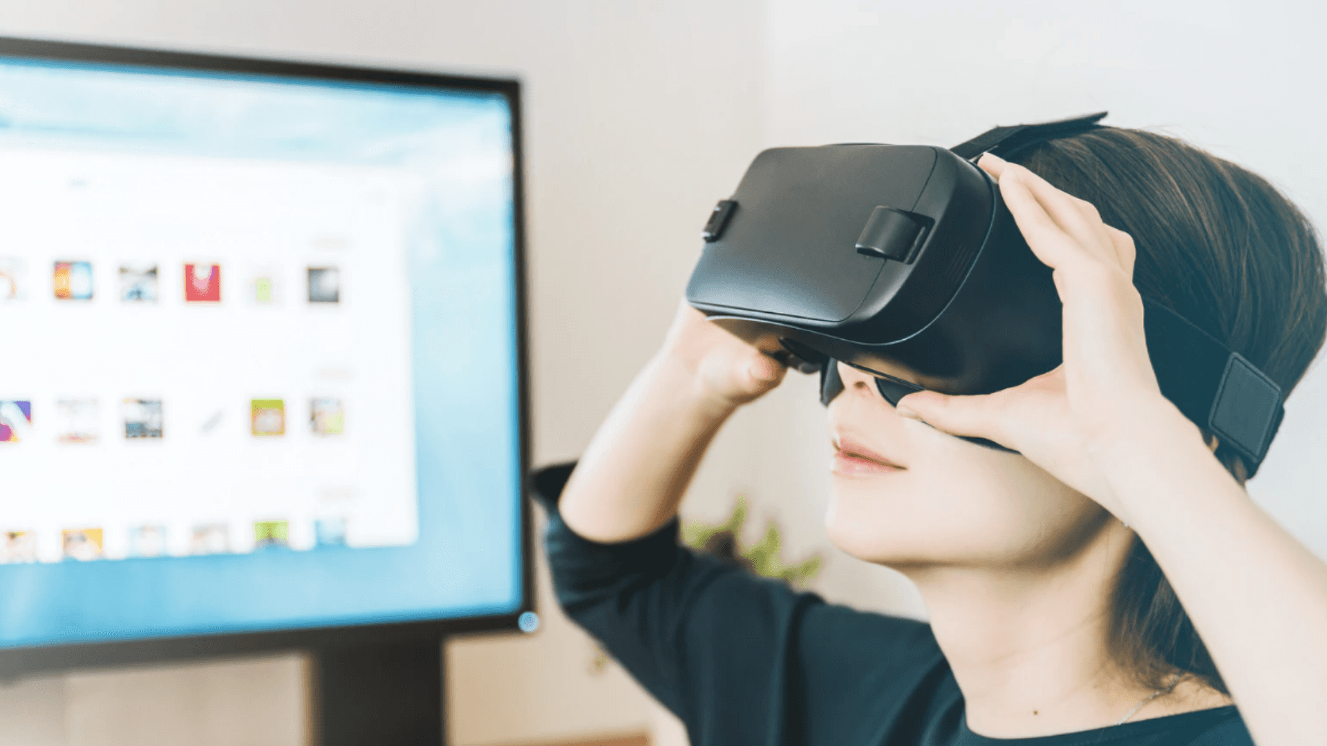 A person wearing virtual reality goggles