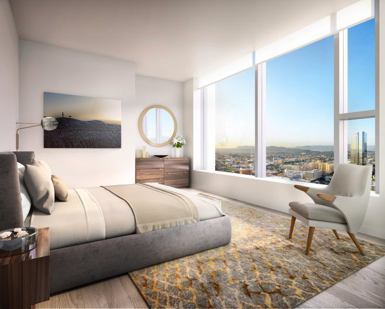 LA Metropolis bedroom interior with city skyline