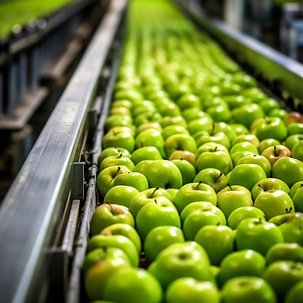 Rows of green apples move along a conveyor belt inside a food processing plant, representing recipe management, ingredient tracking, and quality standards.