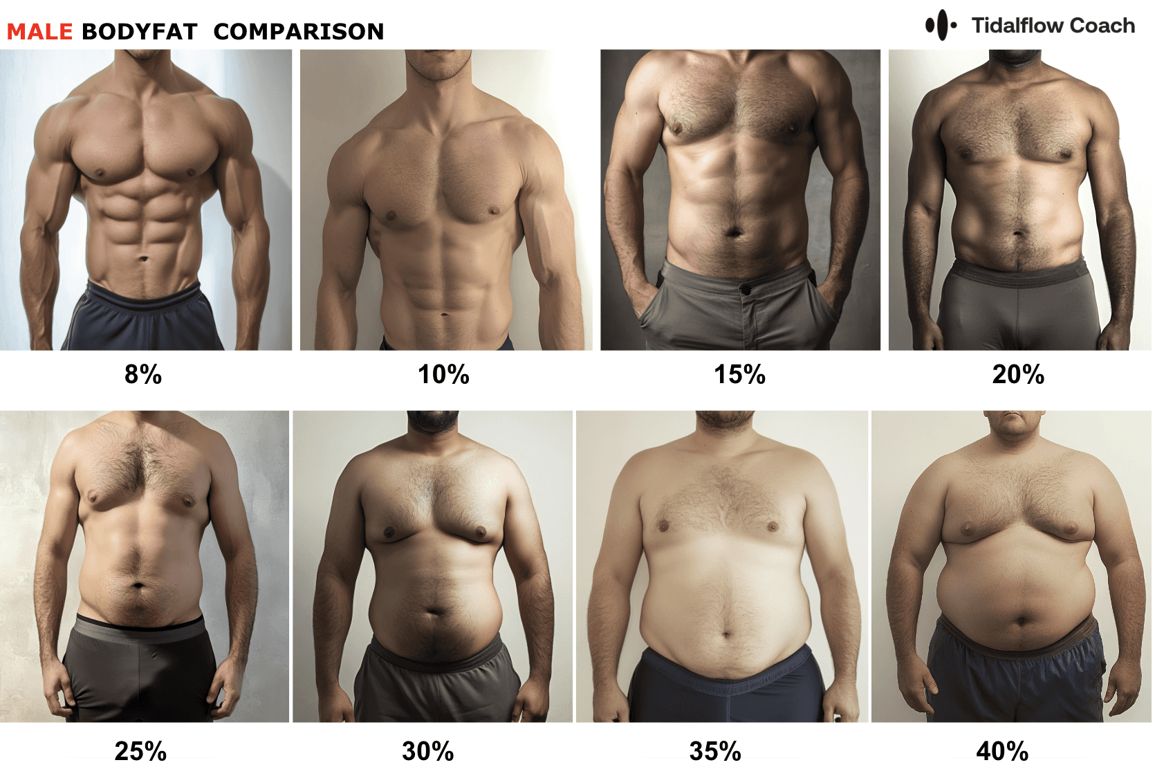 Body fat percentage chart for men showing visual examples of 8%, 10%,  15%, 20%, 25%,30%, 35% and 40%