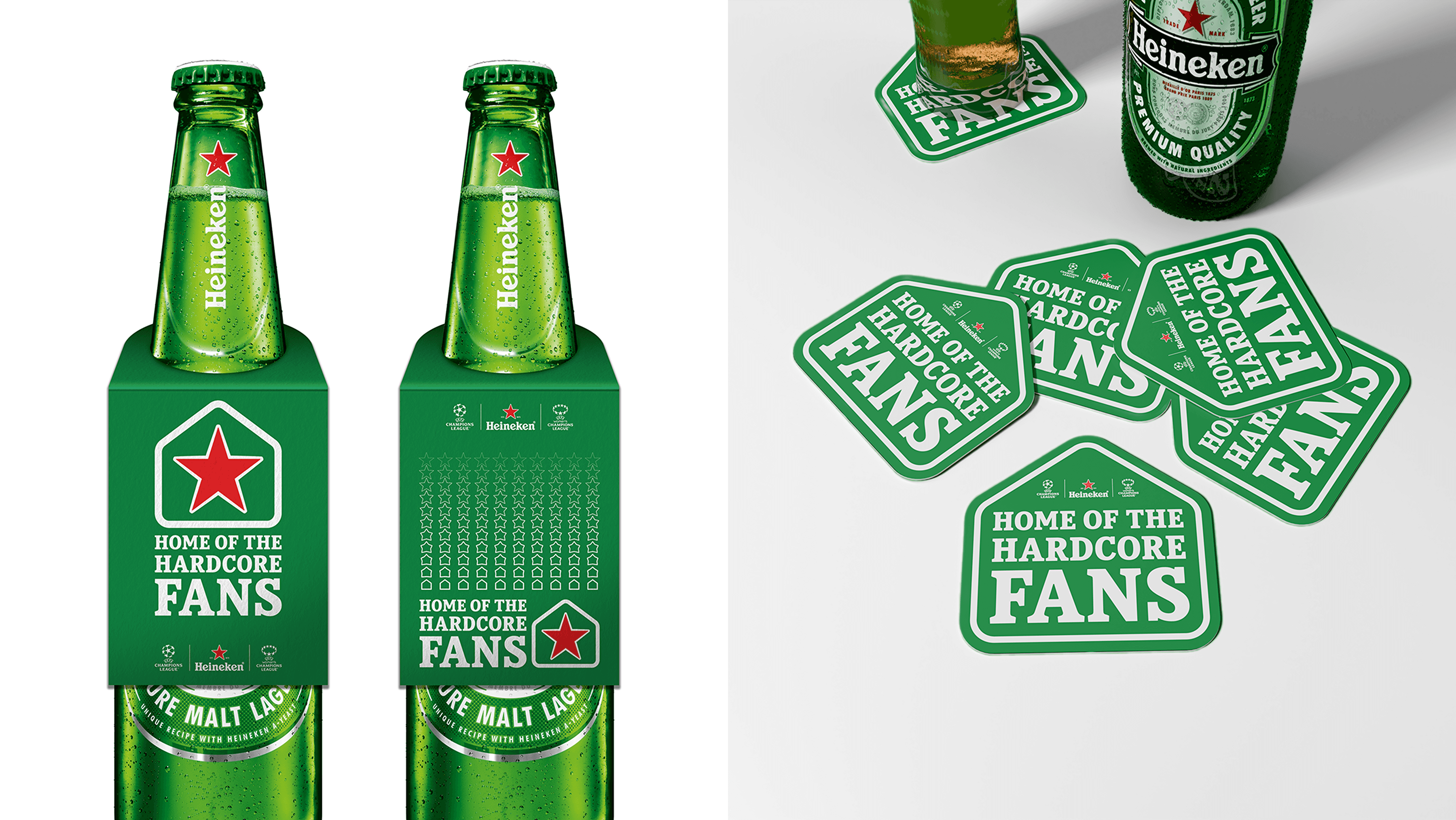 Examples of promotional materials for Heineken project including bottle branding and stands created by our team