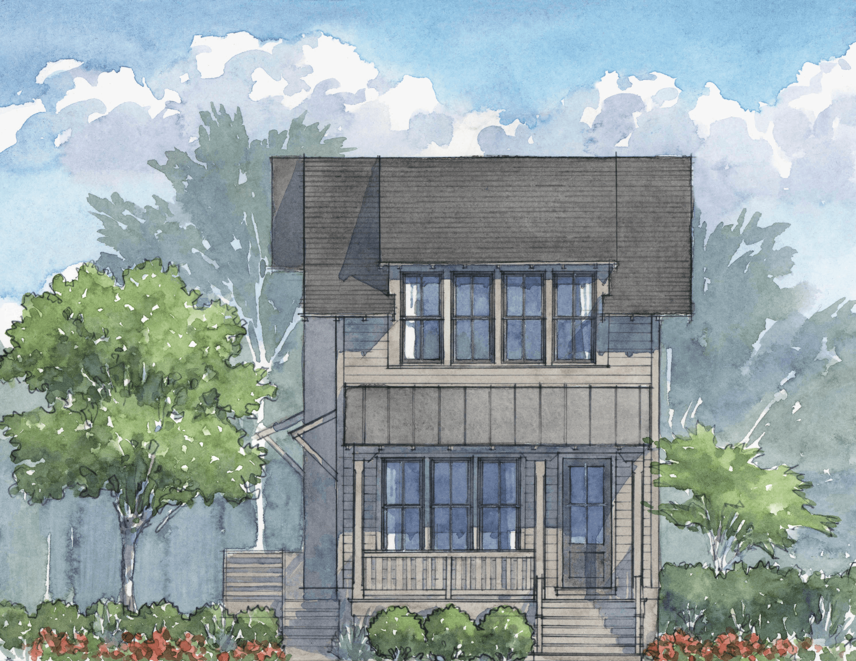 Watercolor of grey house nestled in trees.