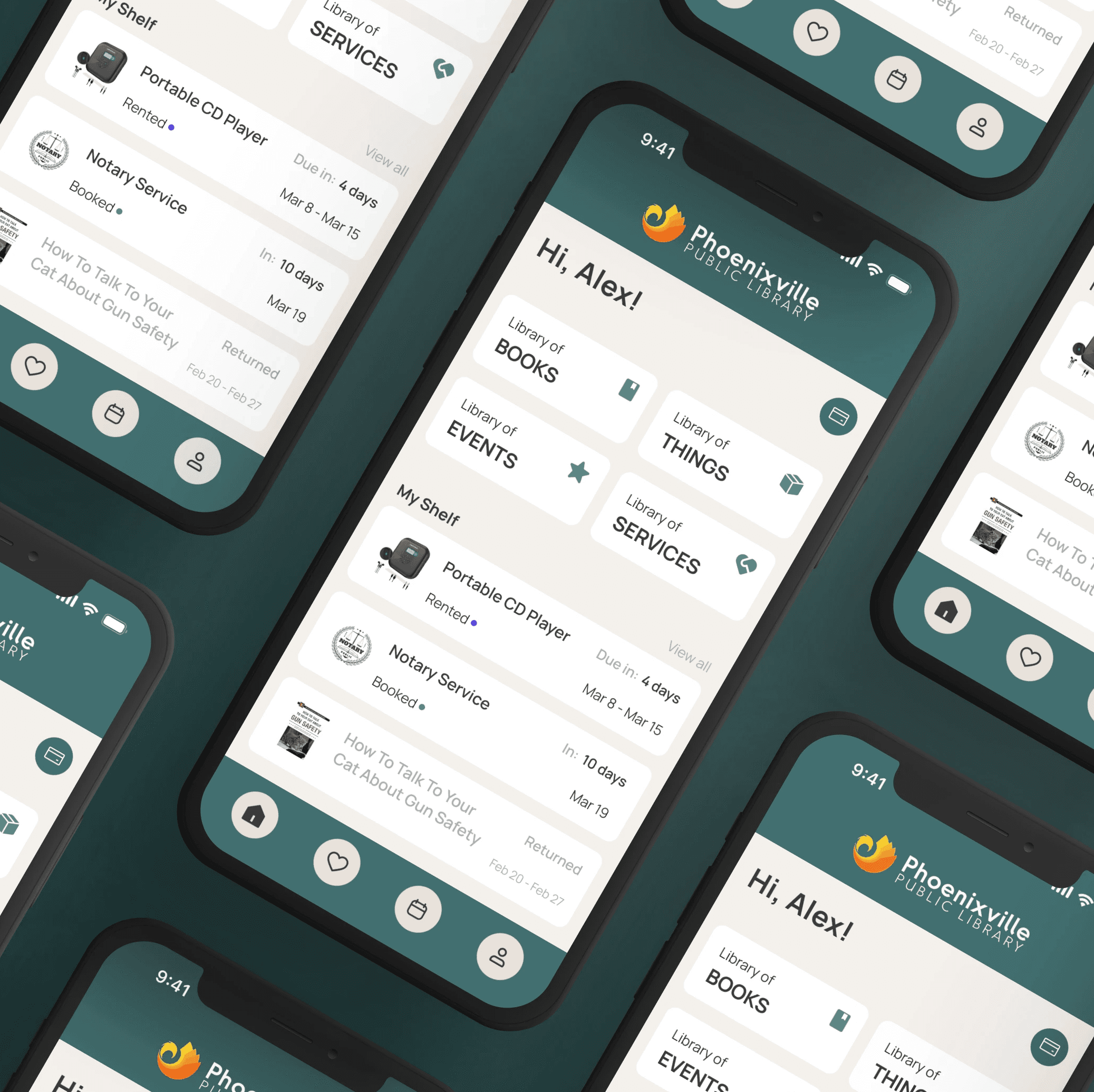 A mockup of the home page of the Phoenixville Library app.