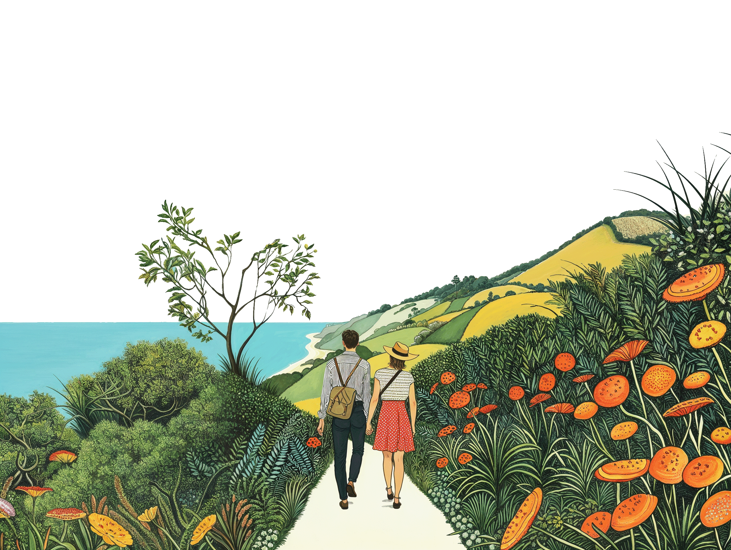 illustration of a couple walking along a vibrant path surrounded by greenery.