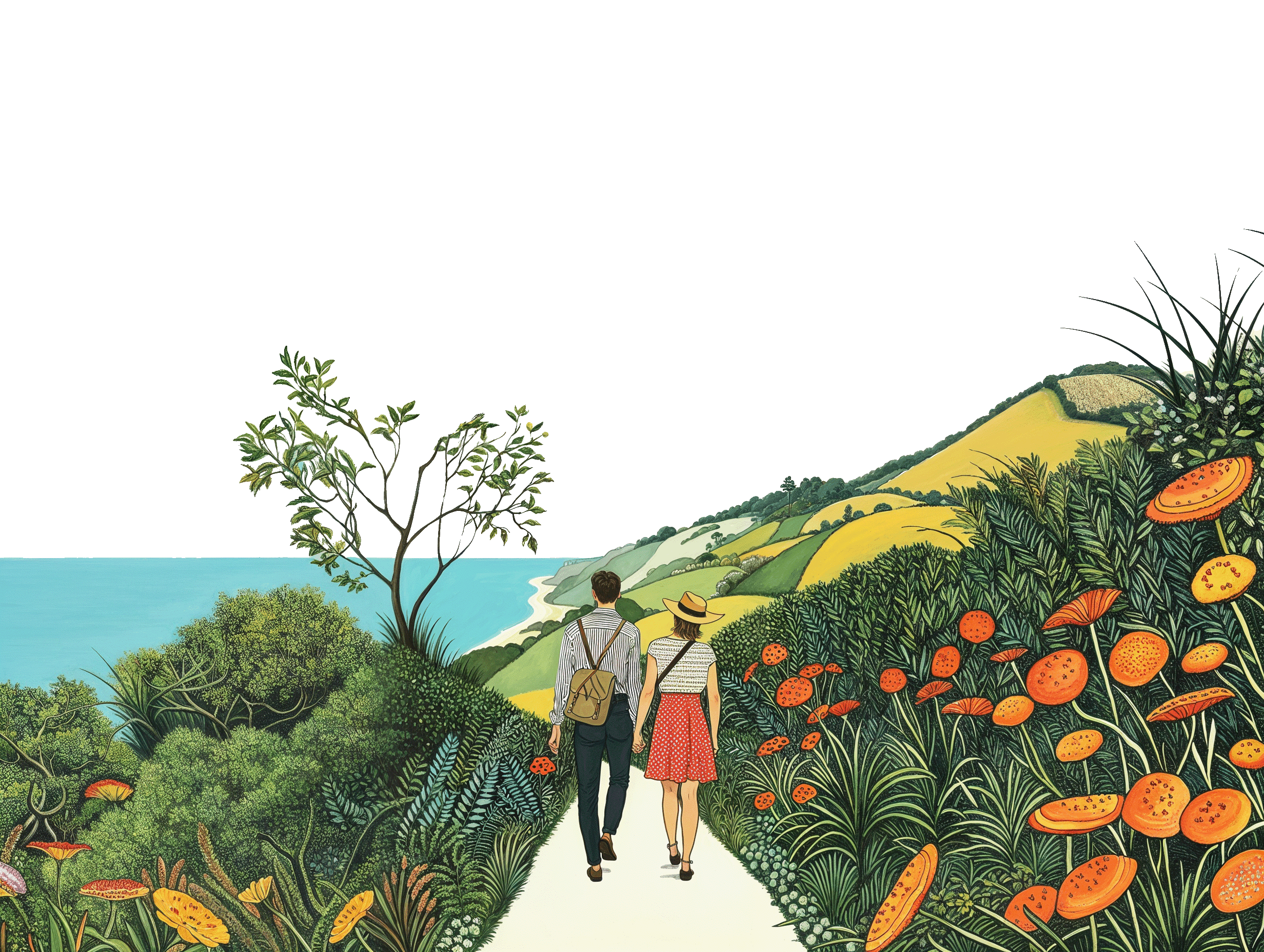 An illustration of a couple walking along a vibrant path surrounded by greenery.
