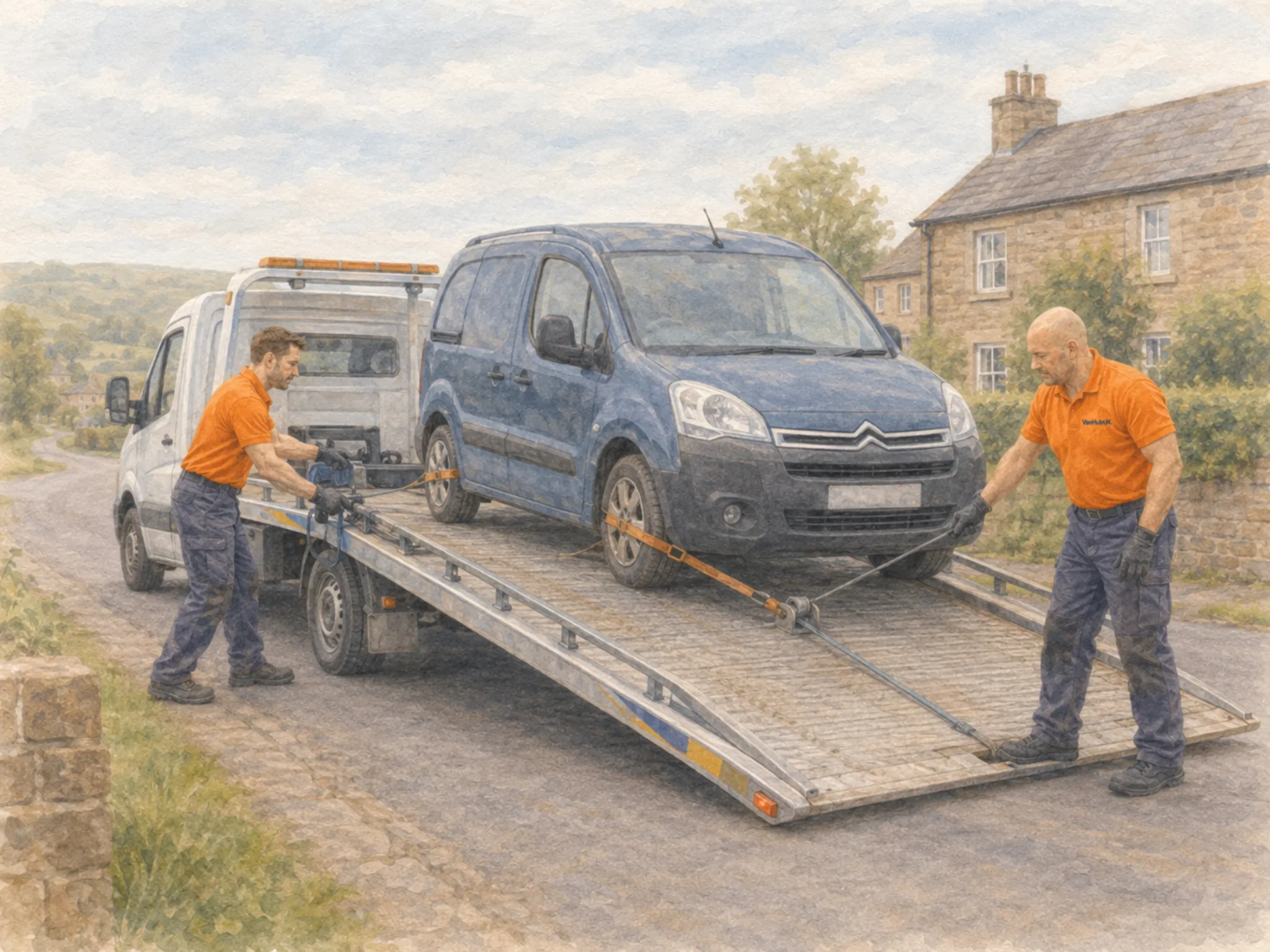 Two independent vehicle recovery operators loading a small van onto a recovery truck on a quiet UK road.