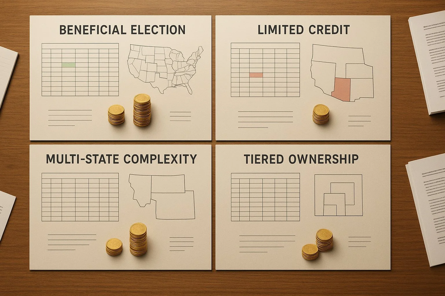 Overhead view of a workspace divided into four sections with spreadsheets, state maps, coins, and documents illustrating scenarios like beneficial election, limited credit, multi-state complexity, and tiered ownership.