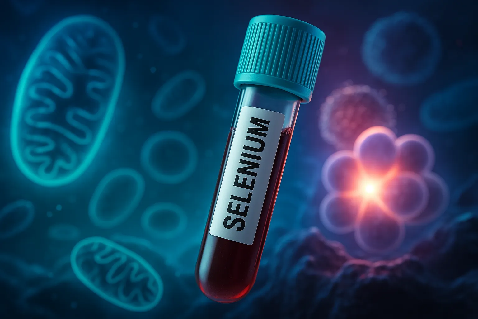 Blood tube labeled Selenium on a lab report with glowing Se spheres and lungs in the warm background.