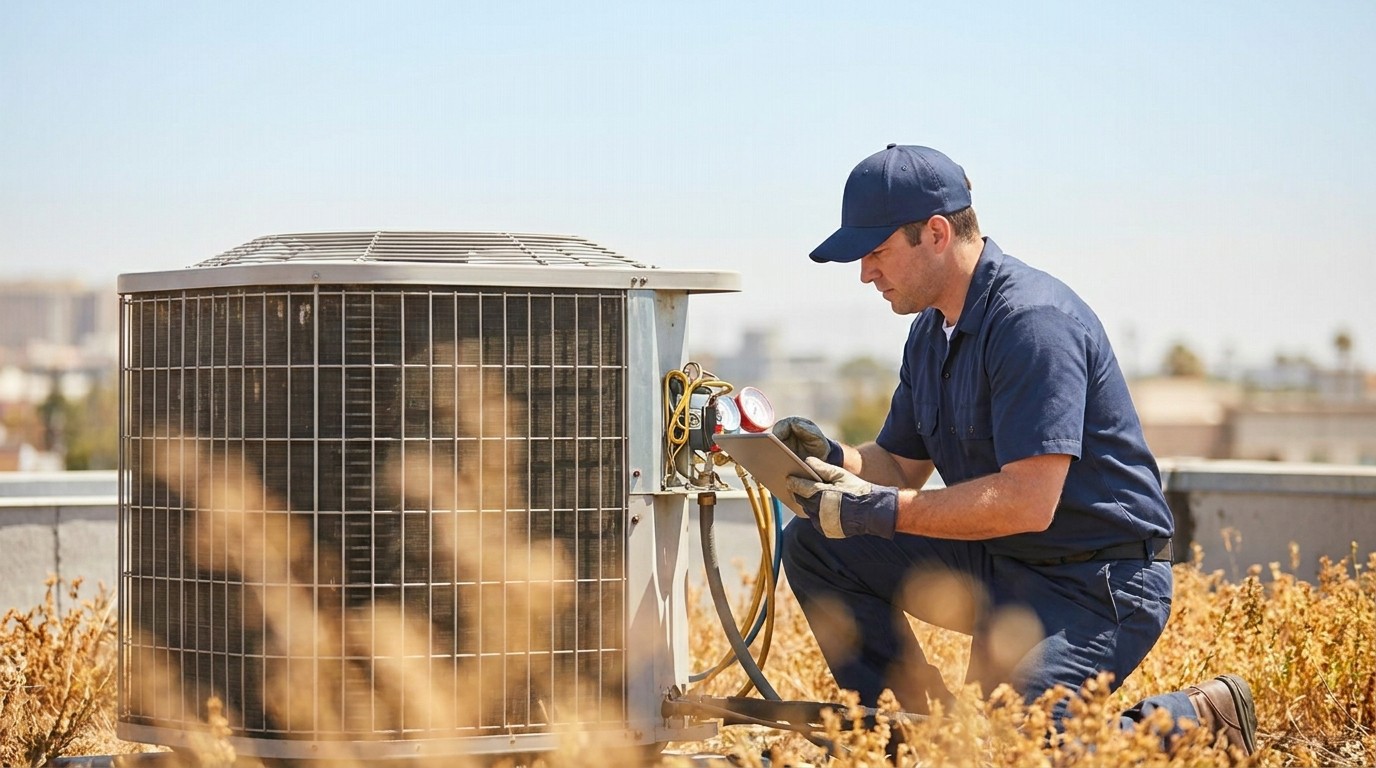 Technician inspecting heating equipment indoors