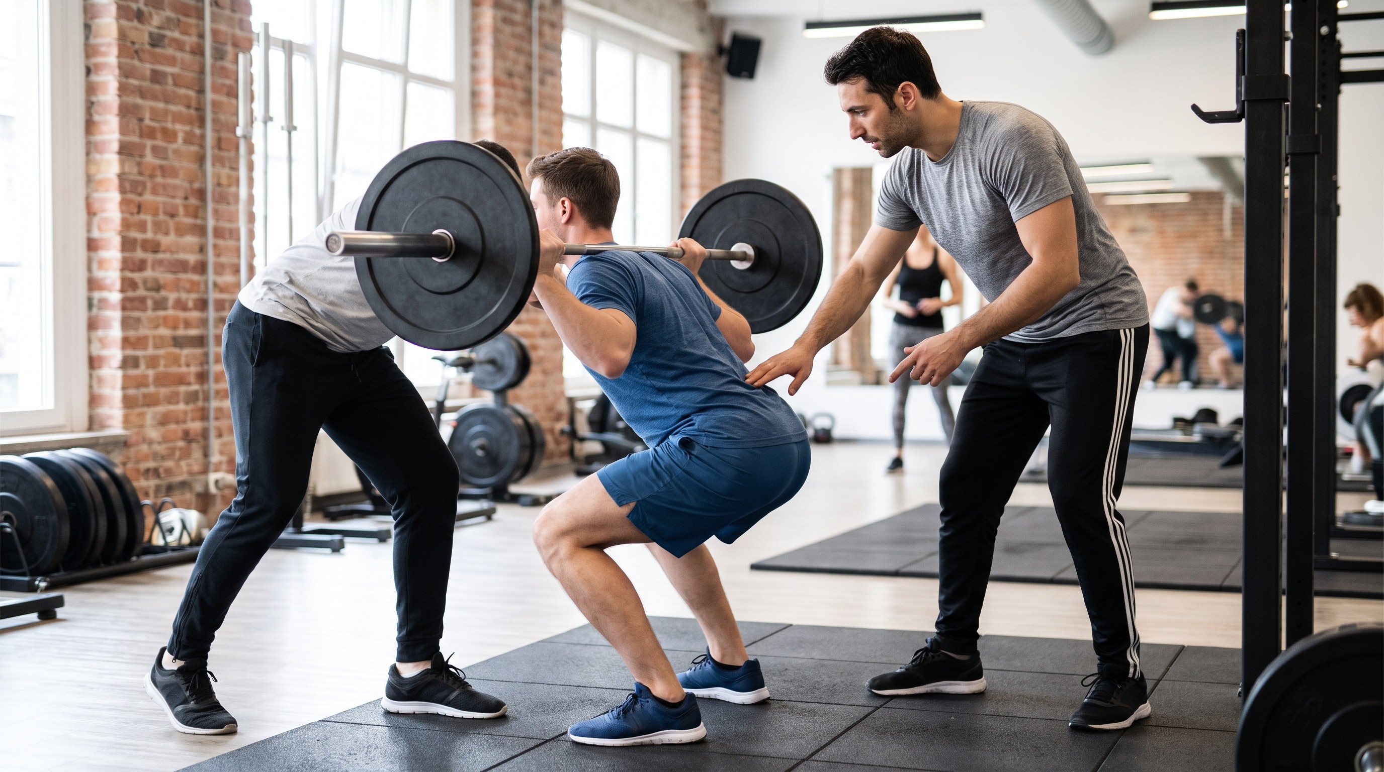 Istruttore AIF corregge la tecnica dello squat con bilanciere a un cliente in palestra