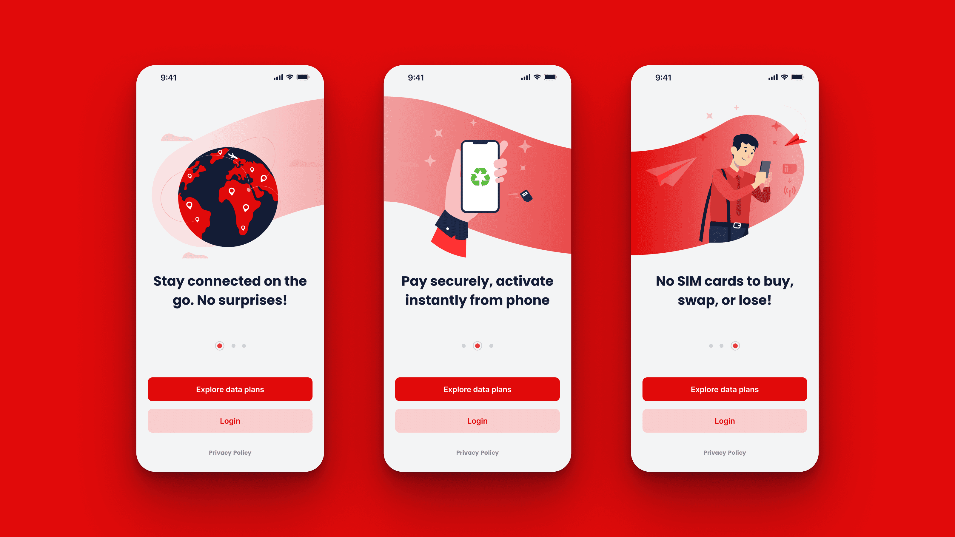 Three onboarding screens on Virgin red: stay connected, pay securely, no SIM cards to buy, swap or lose