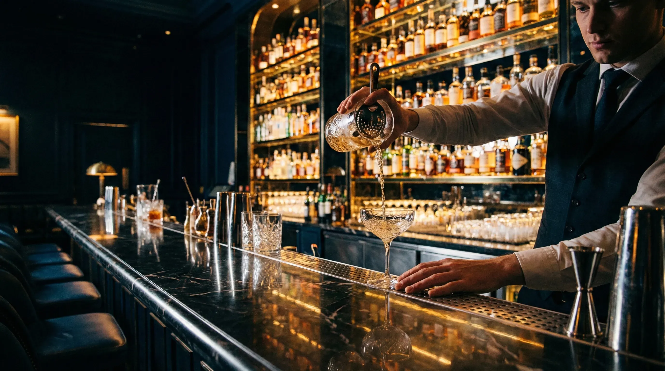 Bartender in a dimly-lit, elegant bar pours a drink into a coupe glass. Shelves of illuminated bottles line the wall, creating a sophisticated ambiance.