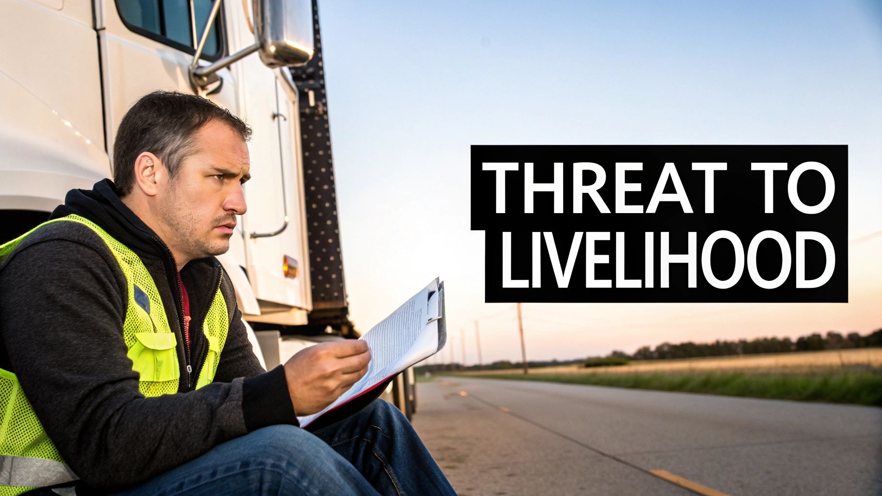 Concerned truck driver with clipboard reviewing documents beside semi-truck, facing livelihood threat from violations