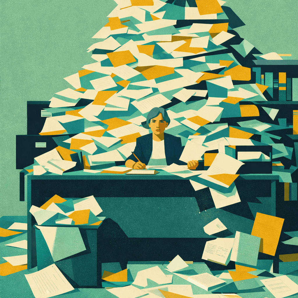 Scrivania sommersa da documenti e scartoffie, simbolo di sovraccarico cognitivo e perdita di controllo in ruoli professionali messi in crisi dall’automazione e dall’AI.