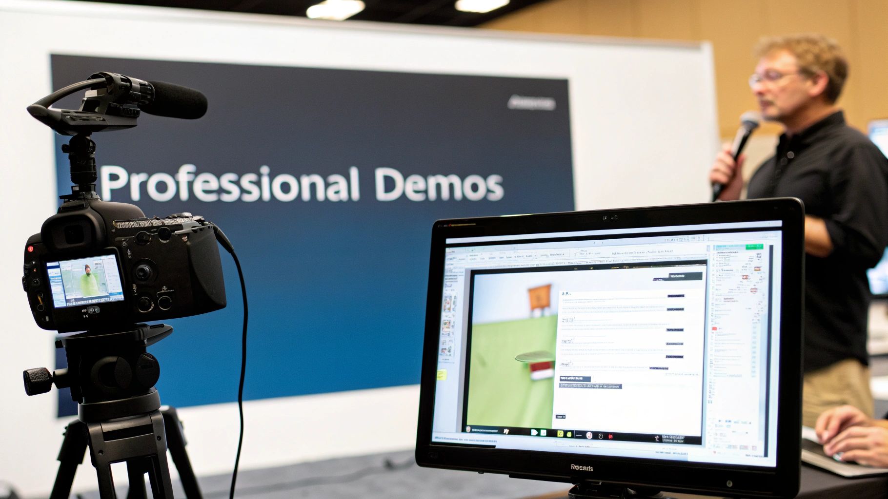 A camera on a tripod records a professional live demo, with a speaker and monitor in view.