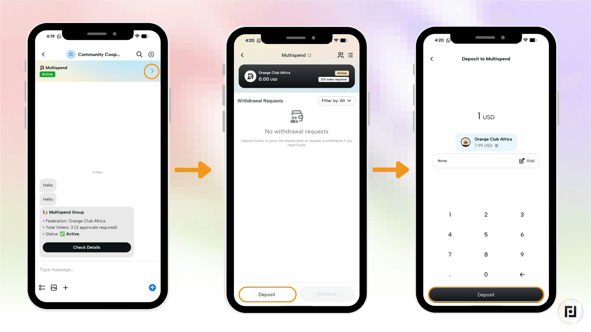 Tela de depósito do aplicativo Fedi Multispend, mostrando o painel de solicitações de saque e a tela de inserção do valor do depósito para contribuir com bitcoins ou ecash para uma carteira coletiva