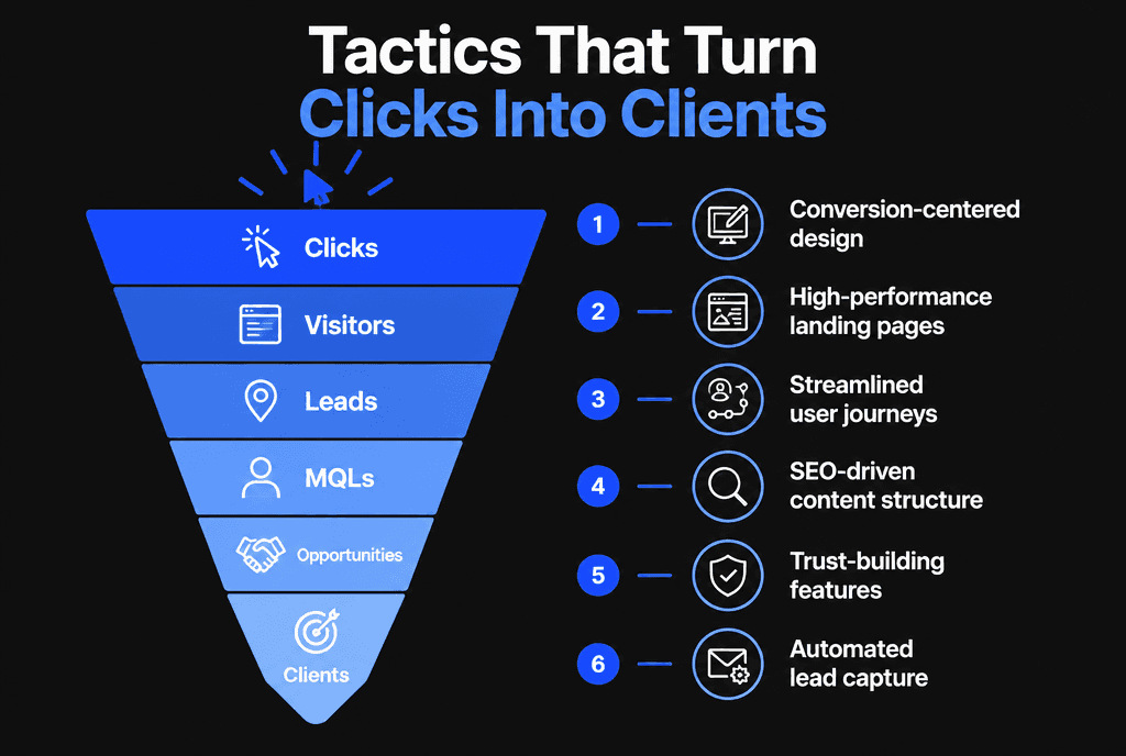 Infographic of web development tactics that turn clicks into clients: landing pages, message match, social proof and fast forms