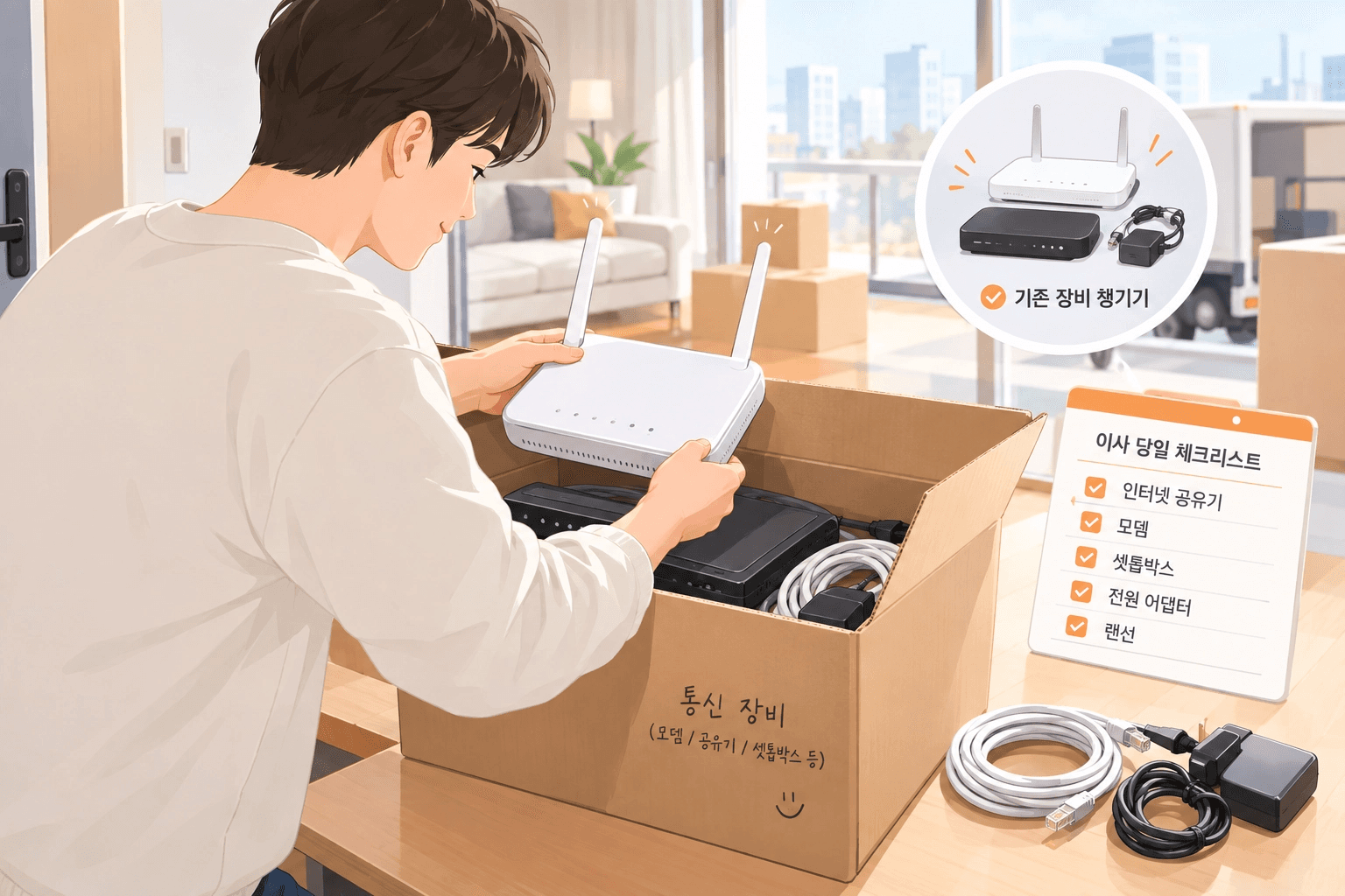 남성이 박스에 공유기를 담으며 통신 장비를 포장하는 일러스트입니다. 옆에는 인터넷 공유기, 모뎀, 셋톱박스, 전원 어댑터, 랜선 항목이 적힌 '이사 당일 체크리스트' 메모지와 '기존 장비 챙기기' 안내 상자가 놓여 있습니다.