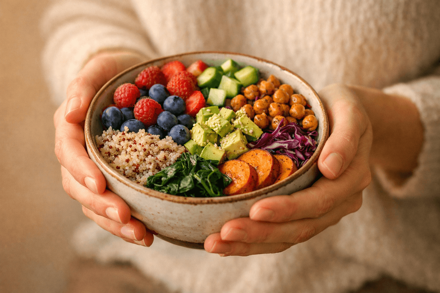Woman holding a bowl of colorful food — intuitive eating approach to building a healthy relationship with food without dieting