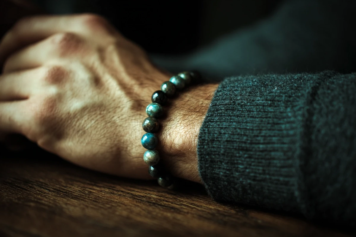 A man's wrist wearing a labradorite bead bracelet with blue-green iridescent flash, dark wool sleeve, resting on a wooden desk in warm ambient light.