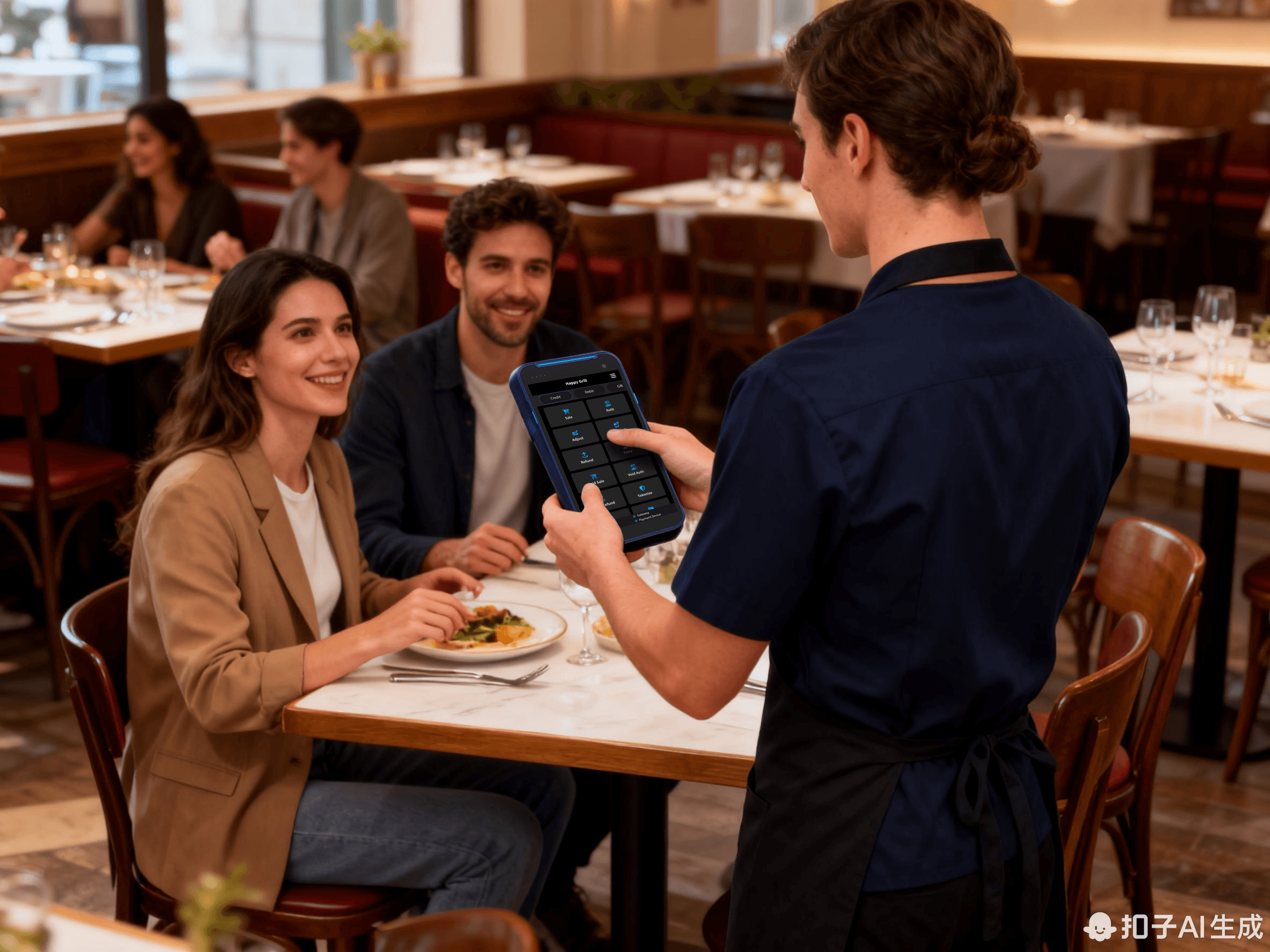 A store clerk is using an Aldeelo rpay device to check out a customer's account.
