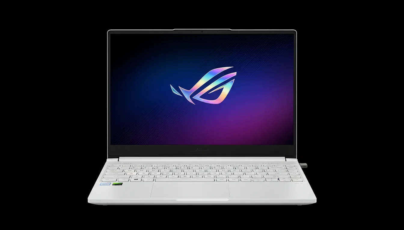 DSLR product photography of a white Asus ROG Zephyrus gaming laptop, open and centered against a solid black background. Soft studio lighting illuminates the matte white chassis and keyboard. The screen displays a vibrant wallpaper with a dark blue and purple gradient overlaid with a fine diagonal line pattern. Centered on the screen is a large, stylized logo made of iridescent, holographic chrome with sharp, angular shapes. The entire laptop is in crisp, sharp focus.