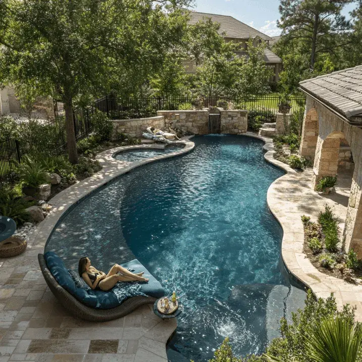 couple enjoying their beautiful pool in Grand Prarie that gets weekly service from Poolside, TX