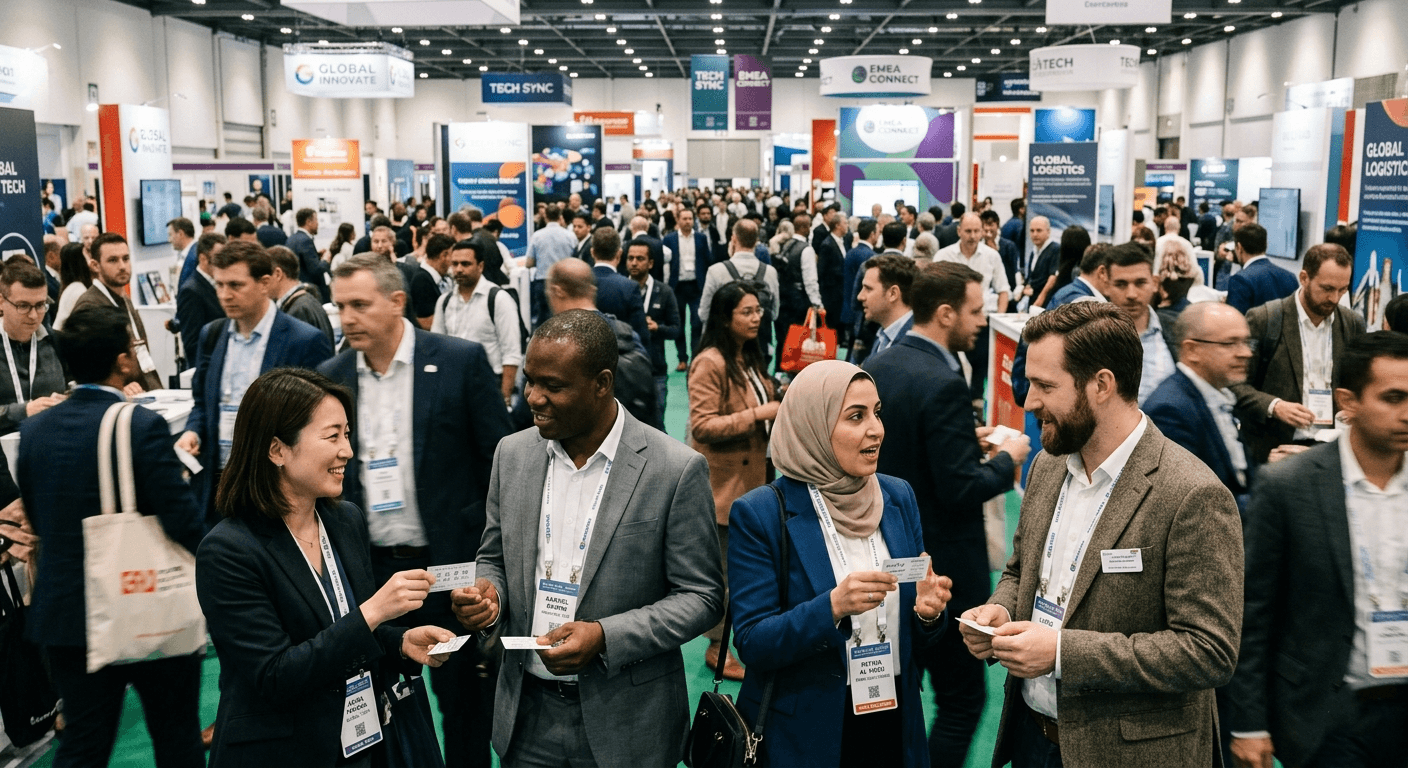 Multilingual networking at a crowded trade show with business cards from different languages