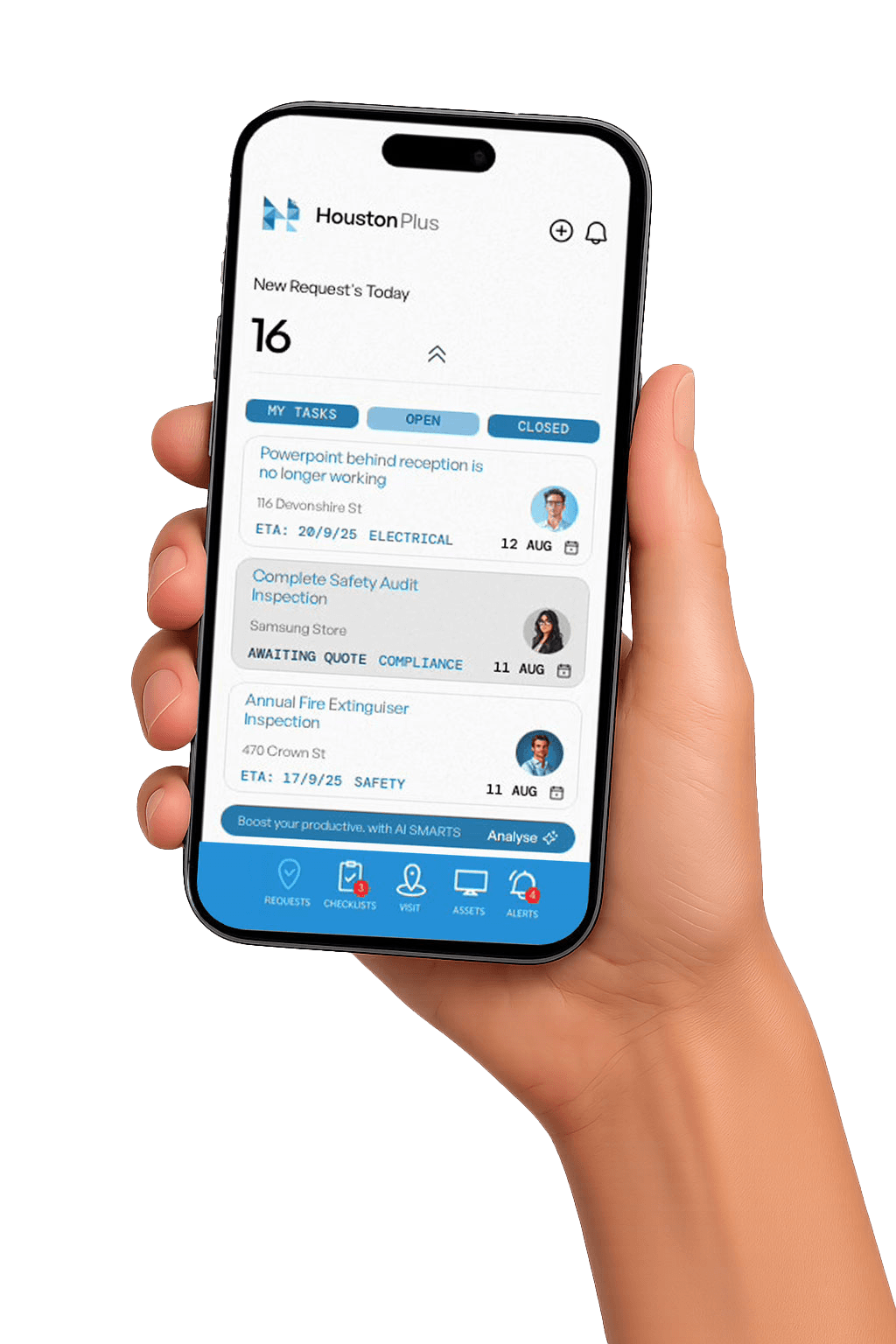 A hand holding an iphone displaying HoustonPlus Task Management on the screen.