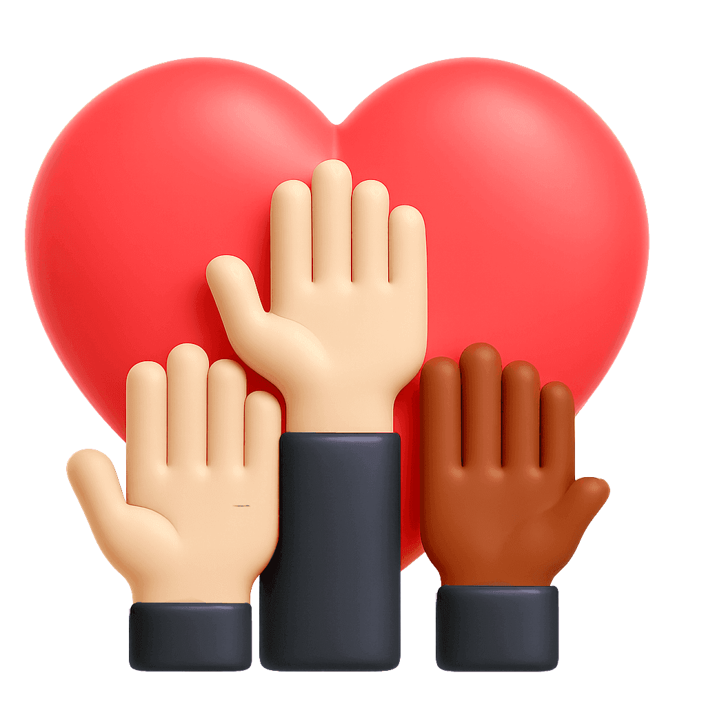Emoji of a red heart surrounded by hands of different skin tones, symbolizing love and unity.