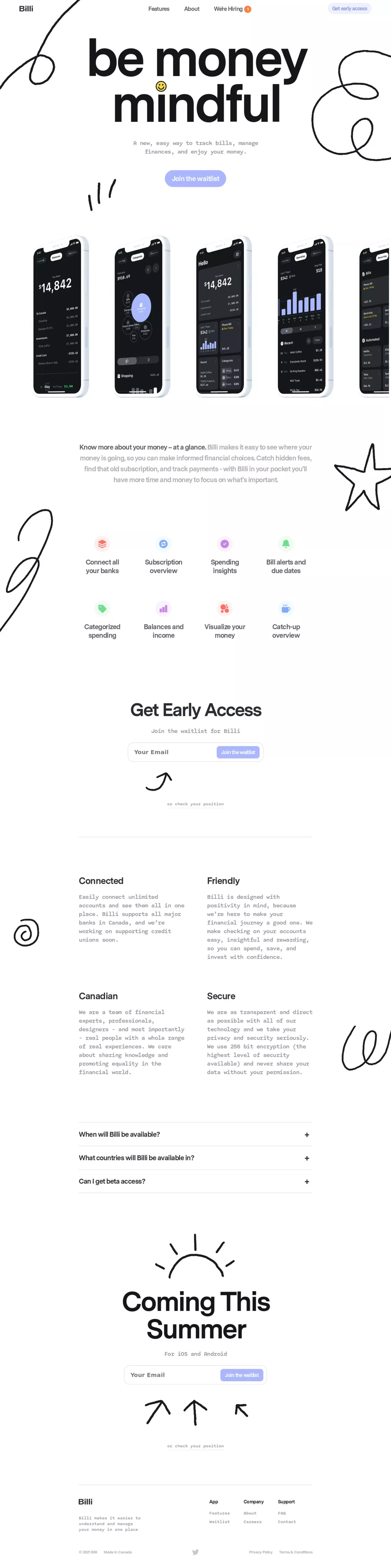 Billi – Be money mindful landing page screenshot showcasing Tech and Finance design
