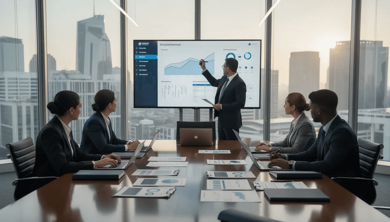 The image depicts a professional consultation meeting focused on comprehensive wealth management, showcasing a financial advisor discussing investment strategies with high net worth clients. The setting emphasizes due diligence in managing complex financial needs, including alternative investments and risk management tailored for high net worth individuals and families.