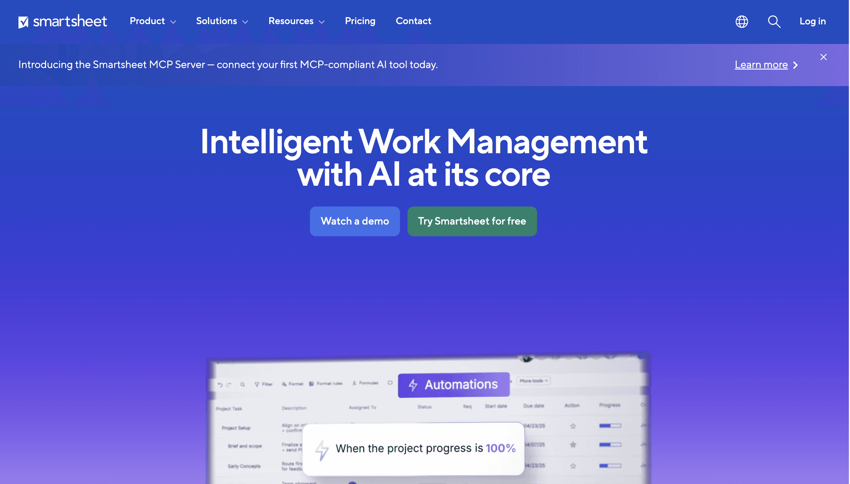 Smartsheet dashboard showing spreadsheet-based project tracking and reporting
