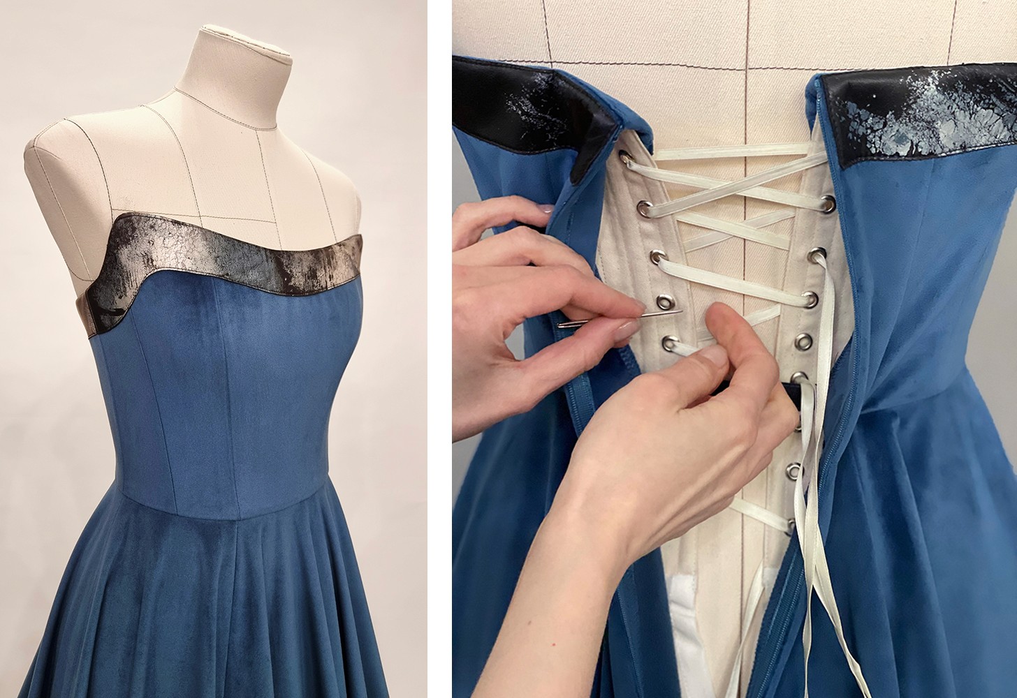 close-ups of a blue velvet gown showing front and the corset lacing in the back