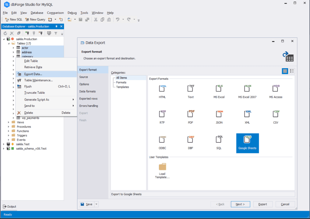The dbForge Studio for MySQL data export options.