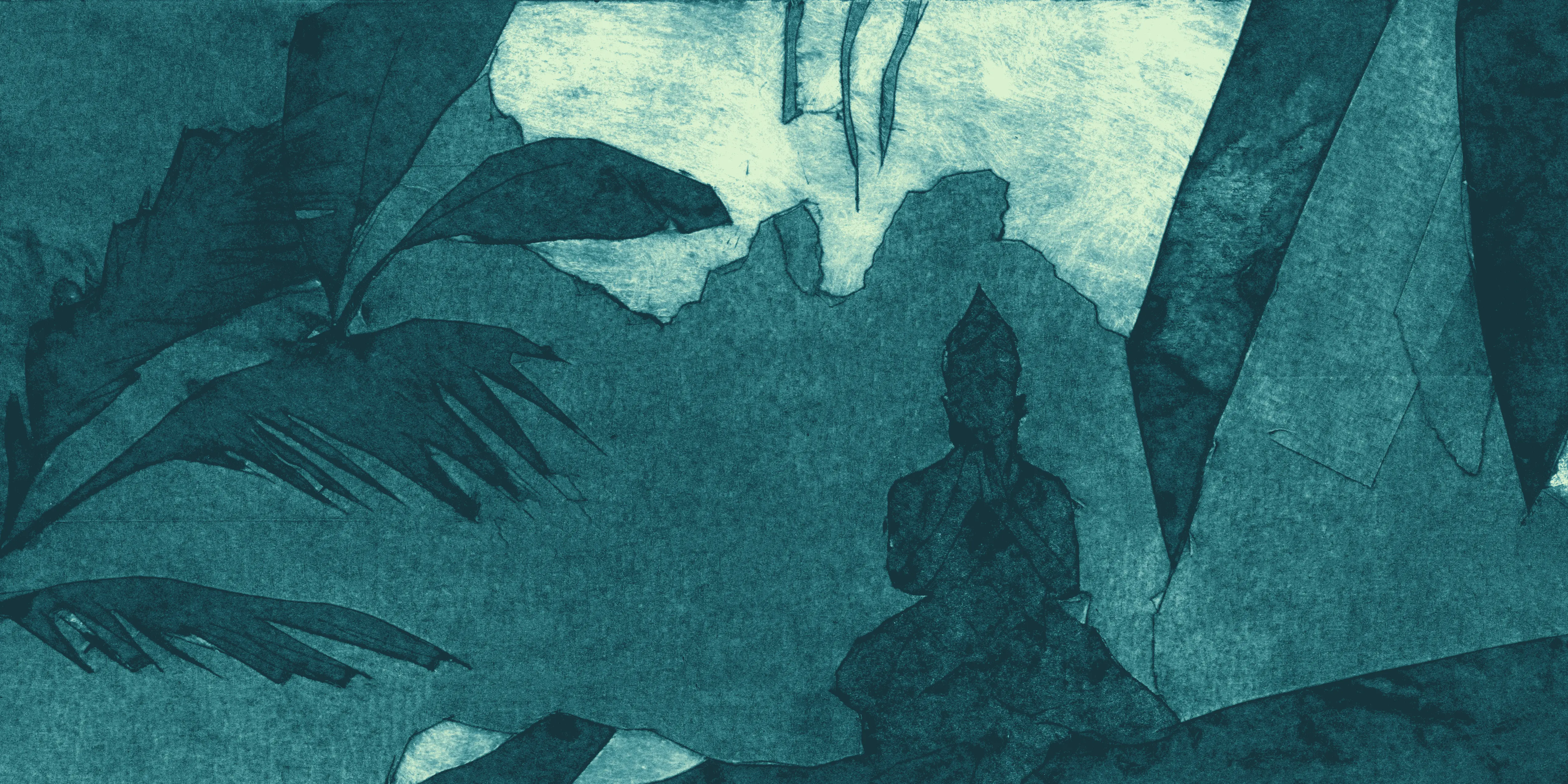 The silhouette of a queen meditating in the midst of nature, variants of trees and mountains surround the environment.